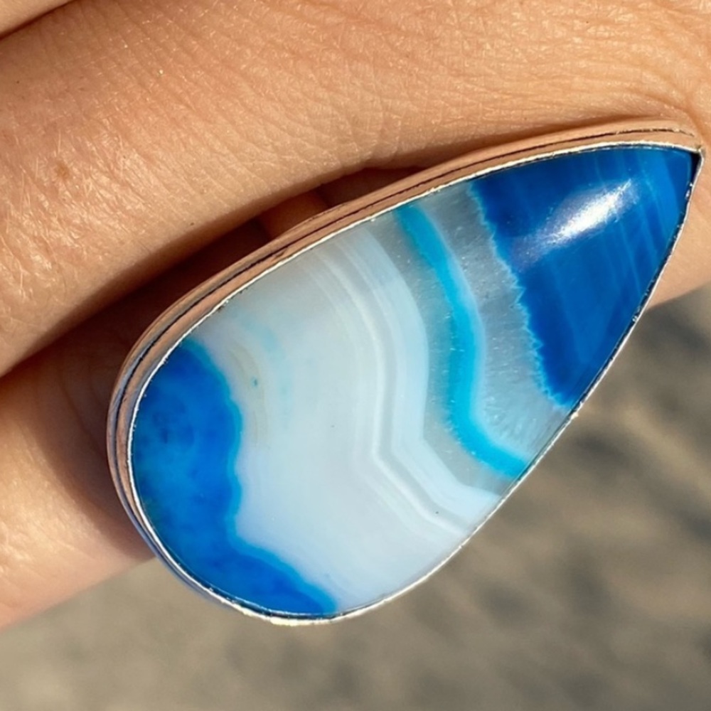 Blue Botswana Agate Teardrop Gemstone Ring. - image 1
